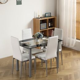 5-piece dining table set; equipped with 1 black wrapped glass dining table and 4 PVC white chairs; suitable for kitchen and dining room (this product