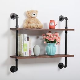 2-Tier Industrial Wall-Mounted Pipe Shelf with Metal Frame;  Safe and Sturdy