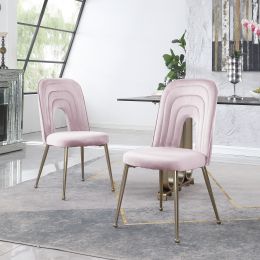 Mid Century Velvet Upholstered Dining Chair with Metal Legs for Kitchen; Dining; Living; Guest; Bed Room Side Chair; Set of 2; Light Pink