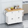 Kitchen Island Cart with Two Storage Cabinets and Two Locking Wheels; 43.31 Inch Width; 4 Door Cabinet and Two Drawers; Spice Rack; Towel Rack (White)