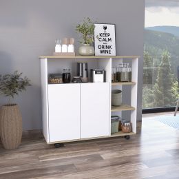 Paprika Kitchen Cart; Four Casters ; Four Open Shelves; Double Door Cabinet -Light Oak / White