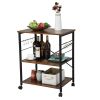 Wood Kitchen Cart with 3-Tier Storage Space; Movable Microwave Stand with 10 Hooks - Brown and Frosted Black