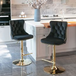 Golden Swivel Velvet Barstools Adjusatble Seat Height from 25-33 Inch; Modern Upholstered Bar Stools with Backs Comfortable Tufted for Home Pub and Ki