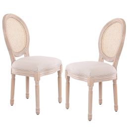 French Country Dining Chair Set of 2;  Flannel Upholstered Dining Chair;  Farmhouse Fabric Seat;  Oval Side Chair with Round Back;  Solid Wood Legs fo