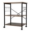 Wood Kitchen Cart with 3-Tier Storage Space; Movable Microwave Stand with 10 Hooks - Brown and Frosted Black