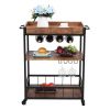 3-Tier Industrial Bar Serving Cart; Mobile Kitchen Storage Cart with Casters and Removable Tray; Wood Metal Serving Trolley for Home Dining Room; Brow