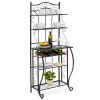 5-Tier Metal Kitchen Bakers Rack ;  Microwave Storage Rack Oven Stand with Wine Storage Organizer Workstation Black (25" x 16" x 68")