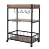 3-Tier Industrial Bar Serving Cart; Mobile Kitchen Storage Cart with Casters and Removable Tray; Wood Metal Serving Trolley for Home Dining Room; Brow