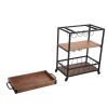 3-Tier Industrial Bar Serving Cart; Mobile Kitchen Storage Cart with Casters and Removable Tray; Wood Metal Serving Trolley for Home Dining Room; Brow