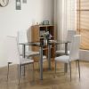 5-piece dining table set; equipped with 1 black wrapped glass dining table and 4 PVC white chairs; suitable for kitchen and dining room (this product