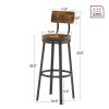 Swivel bar stool set of 2 with backrest;  industrial style;  metal frame;  29.5'' high.(Rustic Brown;  13.4''w x 40.5''h)