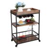 3-Tier Industrial Bar Serving Cart; Mobile Kitchen Storage Cart with Casters and Removable Tray; Wood Metal Serving Trolley for Home Dining Room; Brow