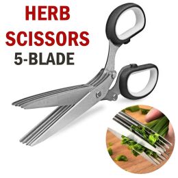 Herb Scissors Set With 5 Blades And Cover - Multipurpose Kitchen Chopping Shear (Color: Black)