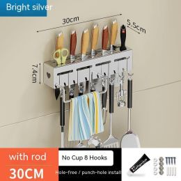 Kitchen Stainless Steel Knife Holder Punch-free Chopstick Canister Storage Hook Rack (Option: Silver 30CM)