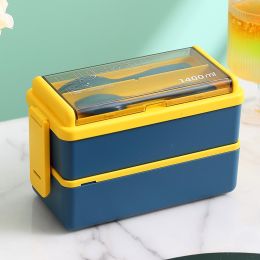 Plastic Lunch Box Microwavable Lunch Box Set Double Layer Divider With Cutlery (Option: Blue-Double layer)