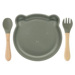 Food Supplement Tableware Set Silicone Spork Baby Products Bear Silicone Tableware (Option: Army Green)