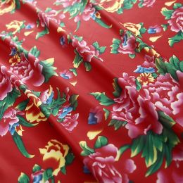 Red Chinese Style Gorgeous Flowers Print Polyester Chiffon Fabric (Option: Red-4m)