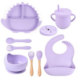 8-piece Children's Silicone Tableware Set Dinosaur Silicone Plate Bib Spoon Fork Cup Baby Silicone Plate (Option: Y2-B)