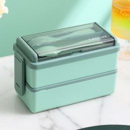 Plastic Lunch Box Microwavable Lunch Box Set Double Layer Divider With Cutlery (Option: Green-Double layer)