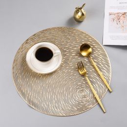 Stylish Round Dining Table Kitchen Hollow Pvc Heat Proof Mat (Color: Gold)