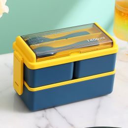 Plastic Lunch Box Microwavable Lunch Box Set Double Layer Divider With Cutlery (Option: Blue-Double layer polylattice)