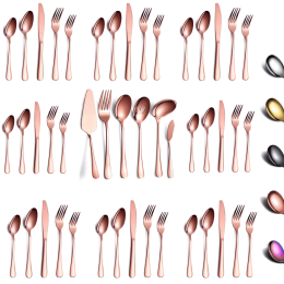 46 Pieces Gold Silverware Set Stainless Steel Titanium Gold Plating Flatware Set; Spoons Forks Cutlery Set Contains 6 Pieces Serving Set (Color: Rose Gold, Material: Stainless Steel)