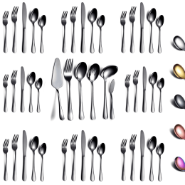 46 Pieces Gold Silverware Set Stainless Steel Titanium Gold Plating Flatware Set; Spoons Forks Cutlery Set Contains 6 Pieces Serving Set (Color: Black, Material: Stainless Steel)