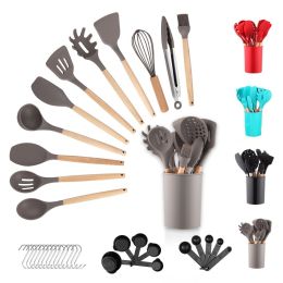 Silicone Kitchen Utensils Set 38 Pieces and Utensil Holder (Color: gray, Material: wood, plastic)