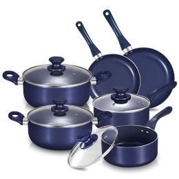 10 Piece Ceramic Nonstick Aluminum Cookware Set - Black & Copper & Blue (Color: Blue, Material: Stainless Steel)