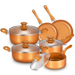 10 Piece Ceramic Nonstick Aluminum Cookware Set - Black & Copper & Blue (Color: Copper, Material: Stainless Steel)