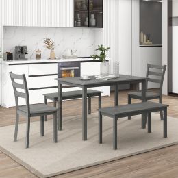 5-piece Wooden Dining Set;  Kitchen Table with 2 Dining Chairs and 2 Benches;  Farmhouse Rustic Style (Color: gray)