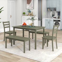 5-piece Wooden Dining Set;  Kitchen Table with 2 Dining Chairs and 2 Benches;  Farmhouse Rustic Style (Color: Green)