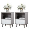 Set of 2 Mid Century Bedside Table, Nightstand with Drawer and Shelf Storage, Side Accent Table for Living Room Bedroom