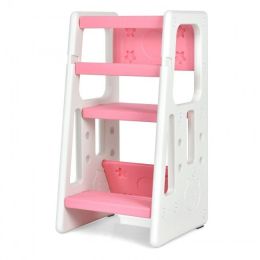 Kids Kitchen Step Stool with Double Safety Rails (Color: Pink)