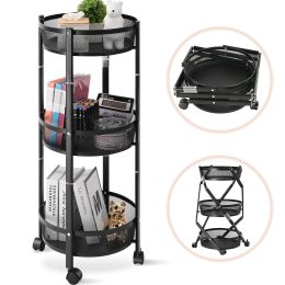 Foldable 3 Tier Rolling Cart; Installtion-Free Round Mesh Baskets Cart; Storage Rolling Trolley; Organiser Rack Cart for Kitchen Bathroom Living Room (Color: Black, Material: Wood)