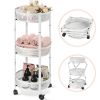 Foldable 3 Tier Rolling Cart; Installtion-Free Round Mesh Baskets Cart; Storage Rolling Trolley; Organiser Rack Cart for Kitchen Bathroom Living Room