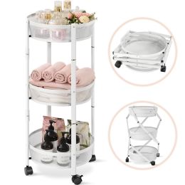 Foldable 3 Tier Rolling Cart; Installtion-Free Round Mesh Baskets Cart; Storage Rolling Trolley; Organiser Rack Cart for Kitchen Bathroom Living Room (Color: White, Material: Wood)