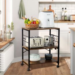 Kitchen Microwave Cart; 3-Tier Kitchen Utility Cart Vintage Rolling Bakers Rack with 5 Hooks for Living Room Decoration (Color: Brown, Material: Metal, MDF)