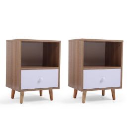 Set of 2 Mid Century Bedside Table, Nightstand with Drawer and Shelf Storage, Side Accent Table for Living Room Bedroom (Color: Wood)