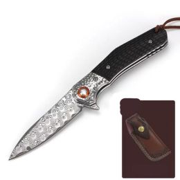 Folding Knife Damascus Small Cutter Anti-height Hardness Ebony Handle Survive In The Wild (Color: DARK GREY)