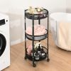 Foldable 3 Tier Rolling Cart; Installtion-Free Round Mesh Baskets Cart; Storage Rolling Trolley; Organiser Rack Cart for Kitchen Bathroom Living Room