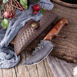 Damascus Steel Knife With Leather Sheath Hand Put Cattle And Sheep Cutting Meat Fruit Knife Outdoor Portable (Option: Style B)