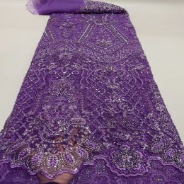 Embroidery Heavy Industry Beaded Tulle Lace Fabric (Option: Purple-5 Yards)