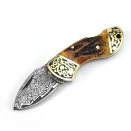 Brown Ox Bone Carved Pure Brass Handle Damascus Steel Folding Knife (Color: Yellow)